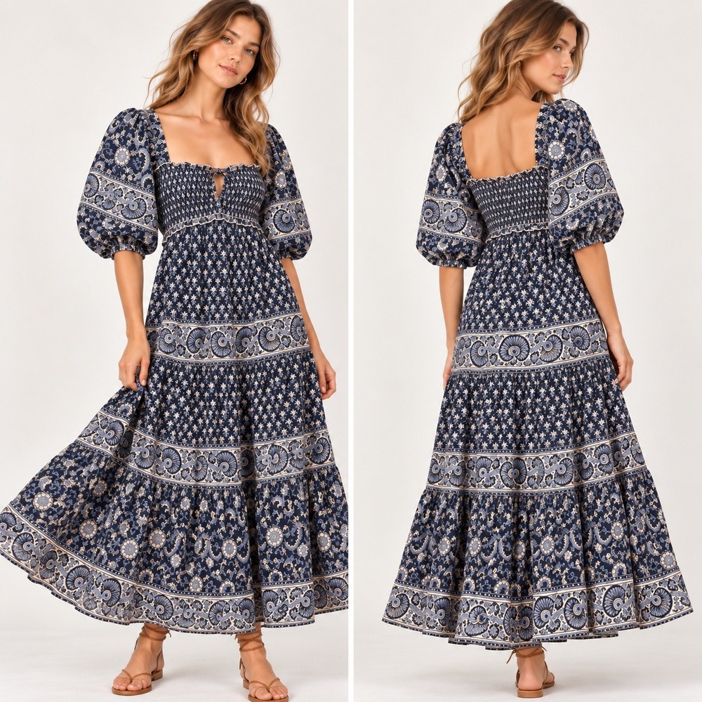 Sea New York Jasper Maxi Dress Women XS Blue Paisley Smocked Cottage Coastal